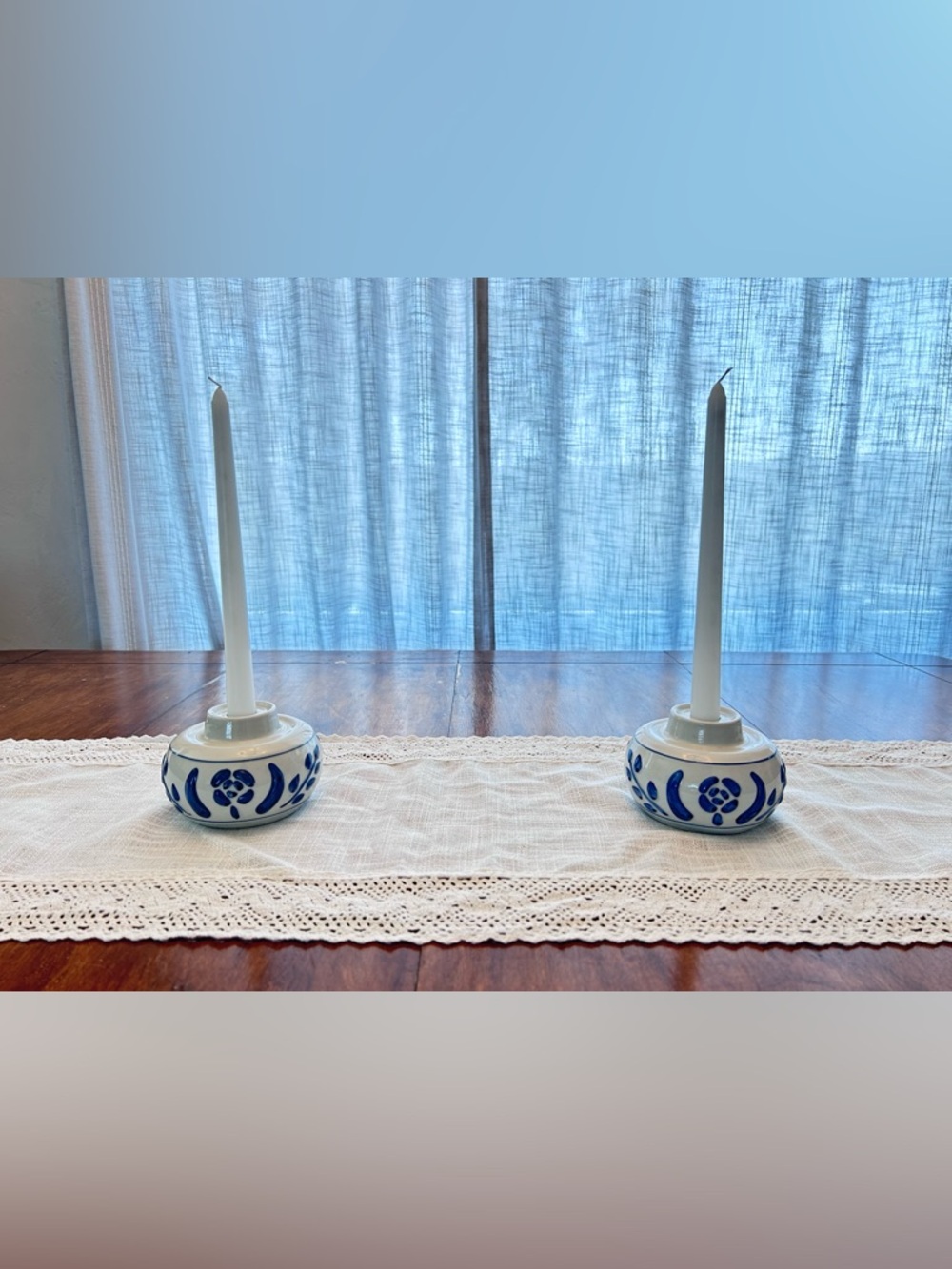 Vintage hand painted blue & white candlestick holders